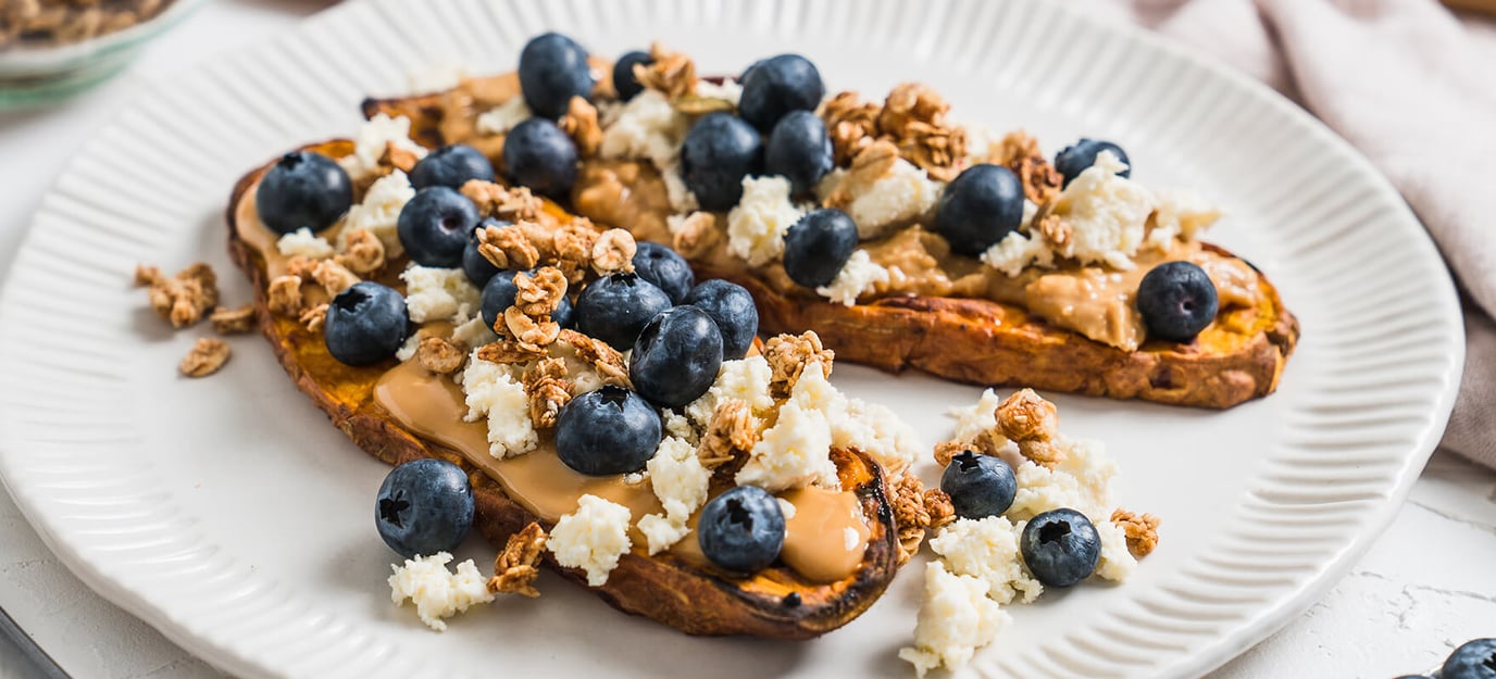 Kumara toast with peanut butter, ricotta & blueberries