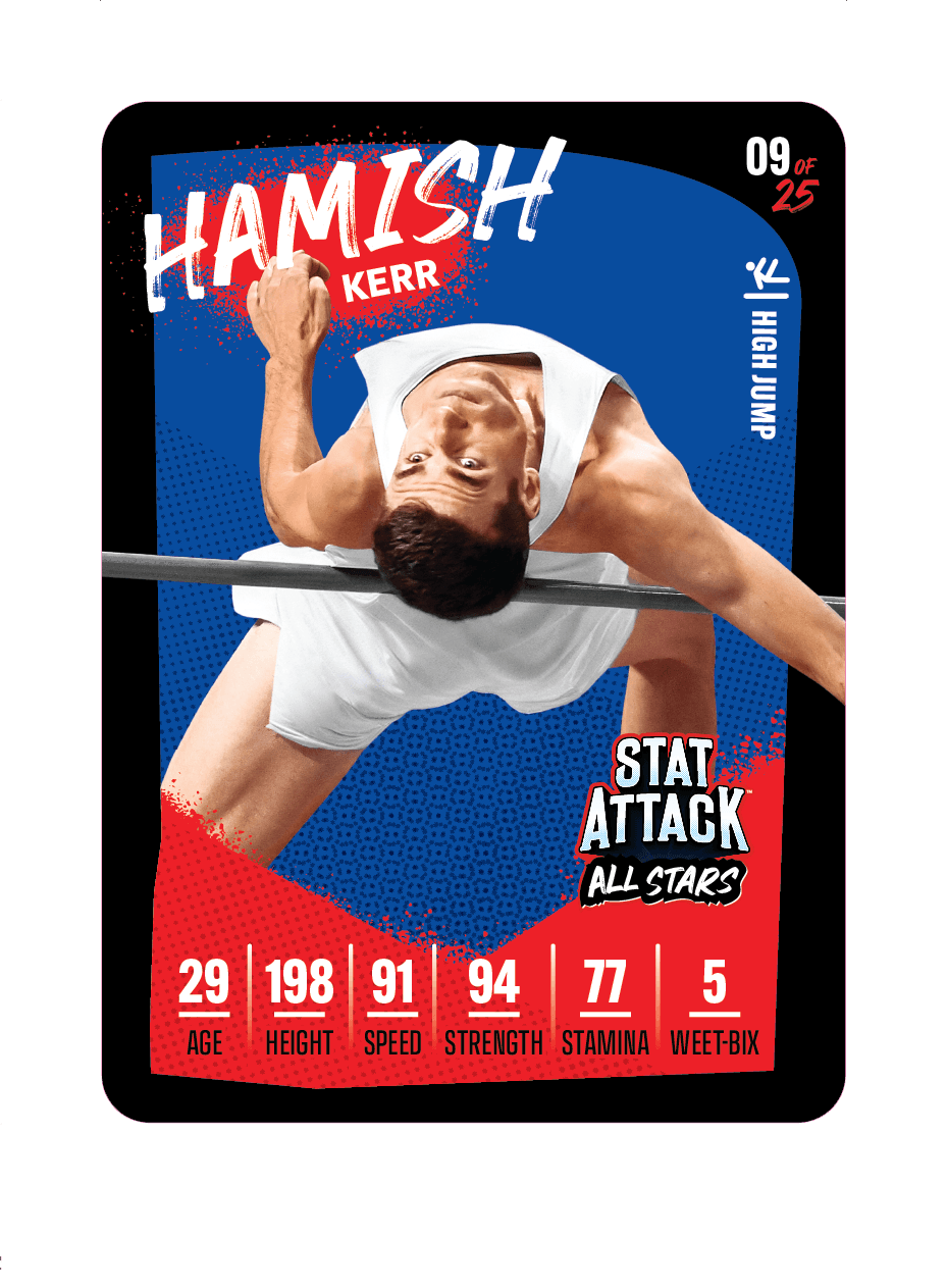 PNG trading-card style graphic for the 2026 Weet-Bix StatAttack series featuring athlete Hamish Kerr, designed as a collectible player/stat card.
