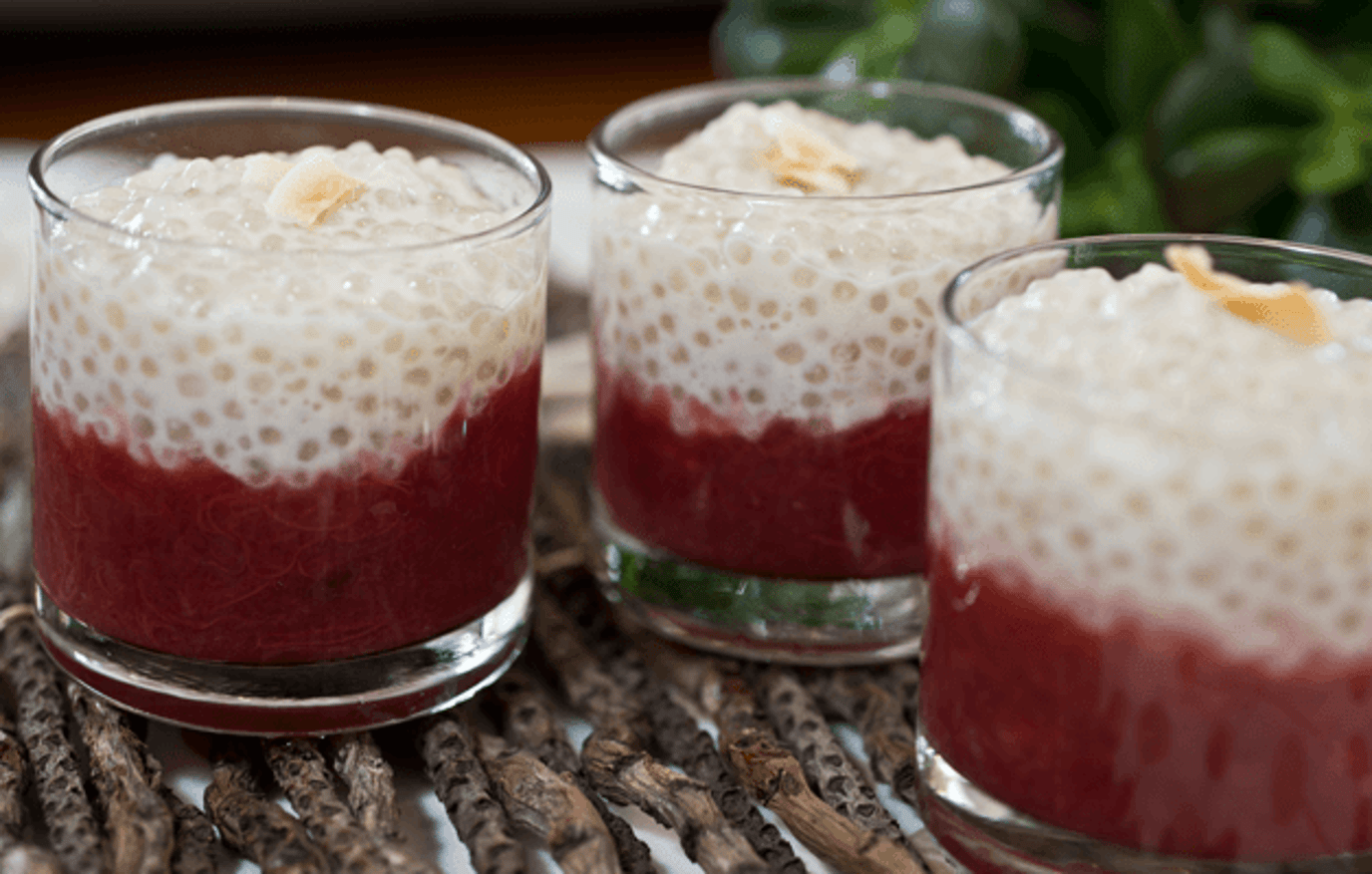 Rhubarb and sago cups