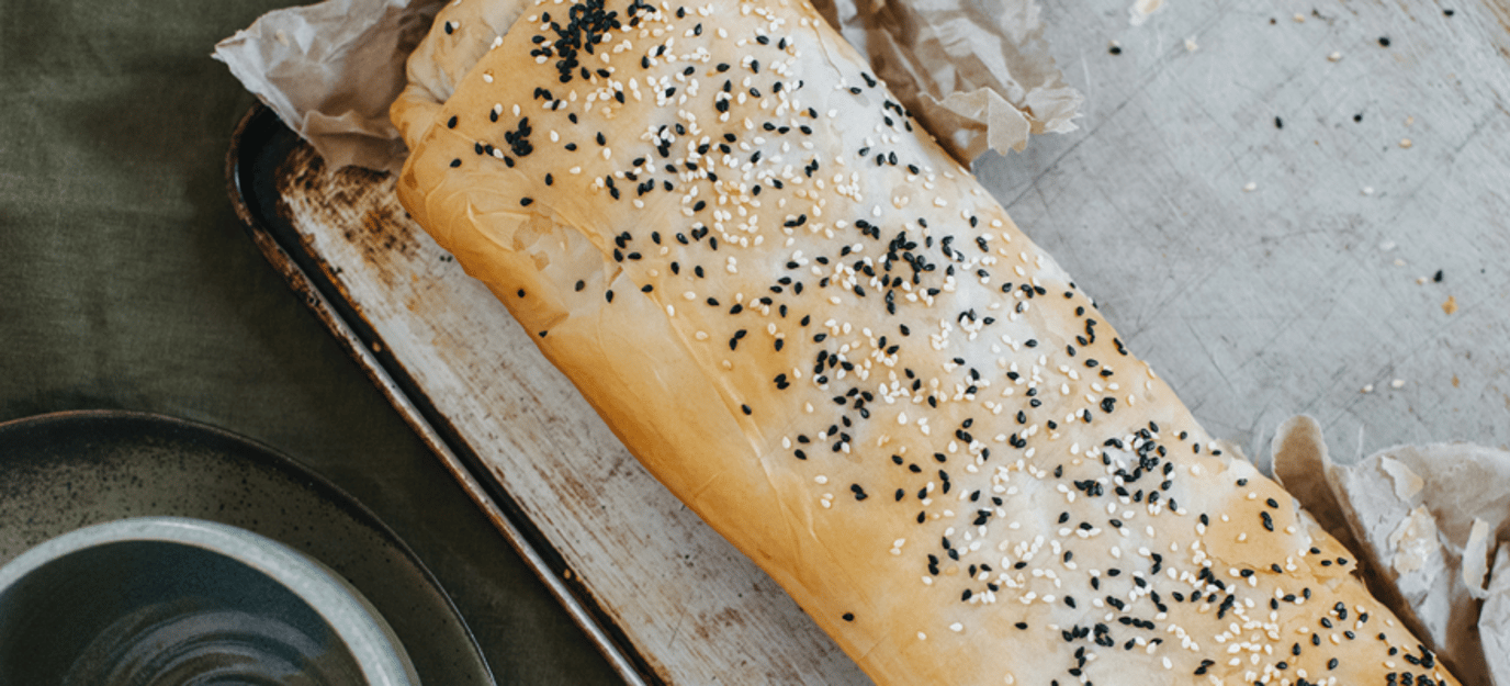 Tomato and cashew nut strudel, with filo pastry