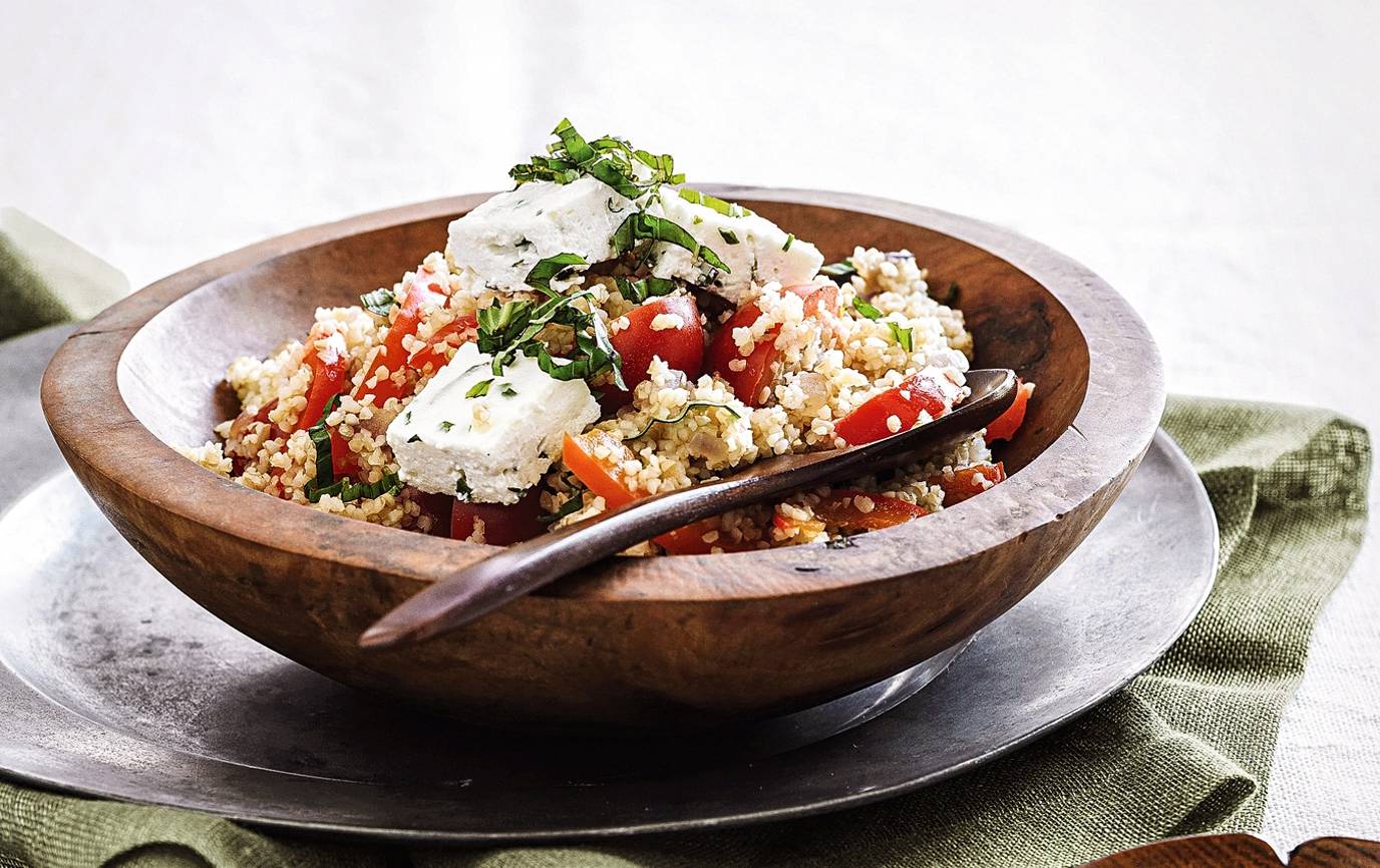 Warm capsicum, tomato, burghul and baked ricotta salad