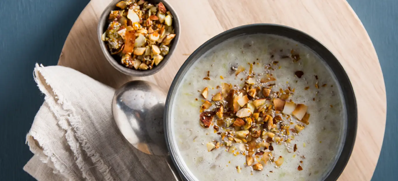 Potato soup with orange and almond crumb