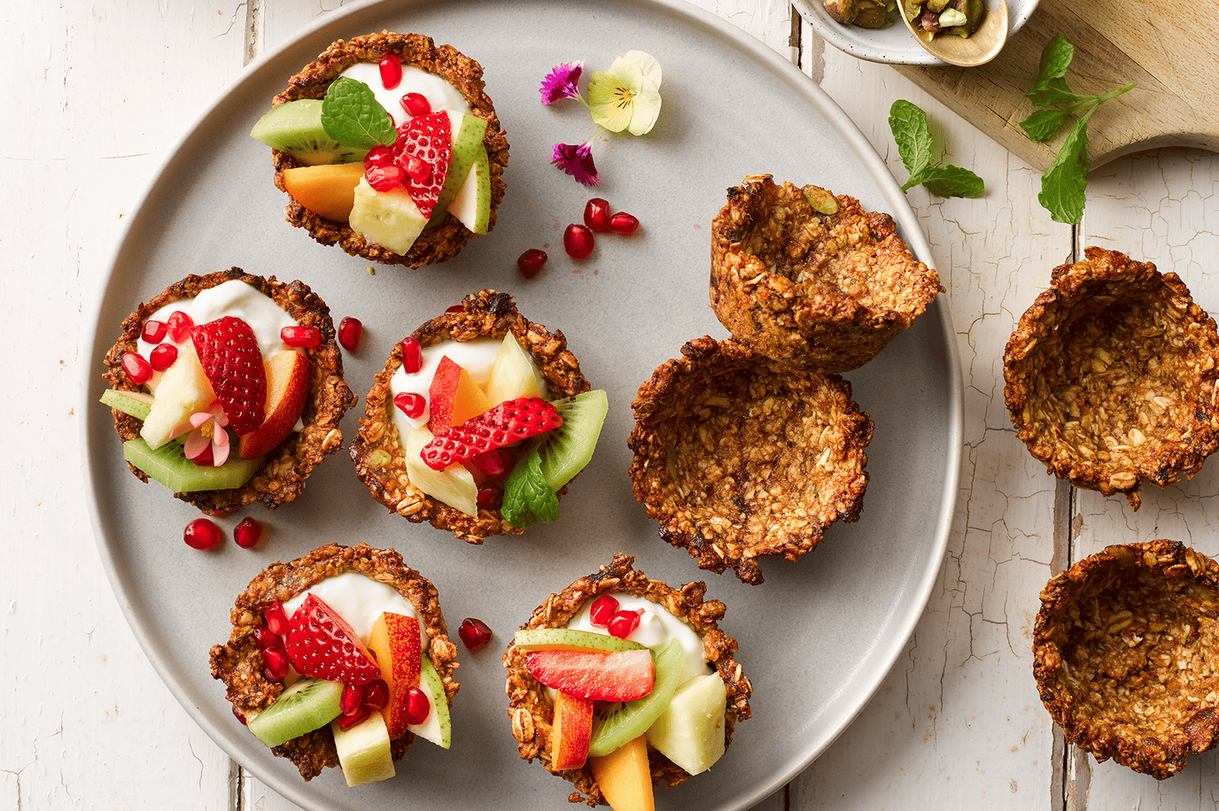 Granola baskets with fruit and yoghurt