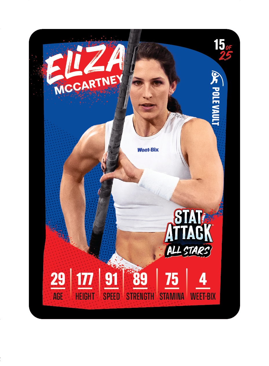 Digital trading card graphic titled “Weet-Bix StatAttack 2026” featuring athlete Erika McCartney with her portrait, name, and a set of sports statistics displayed in a bold, colorful card layout.