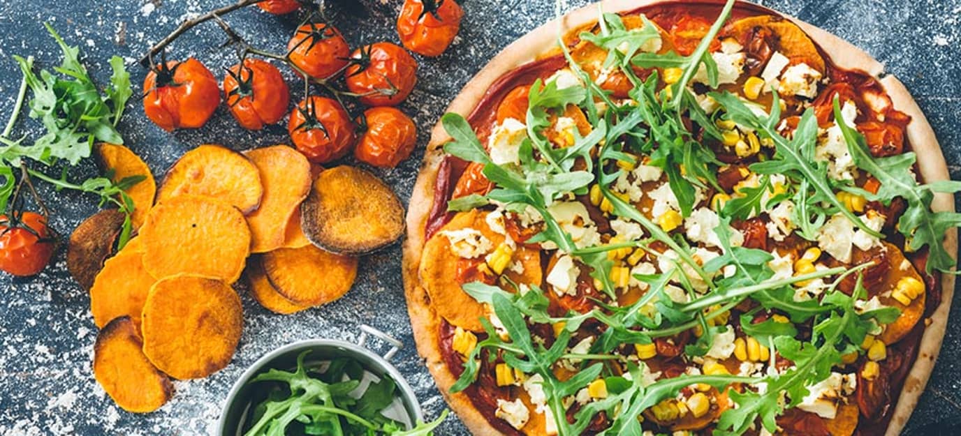 Roast sweet potato and feta pizza