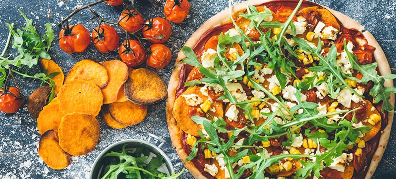 Roast sweet potato and feta pizza
