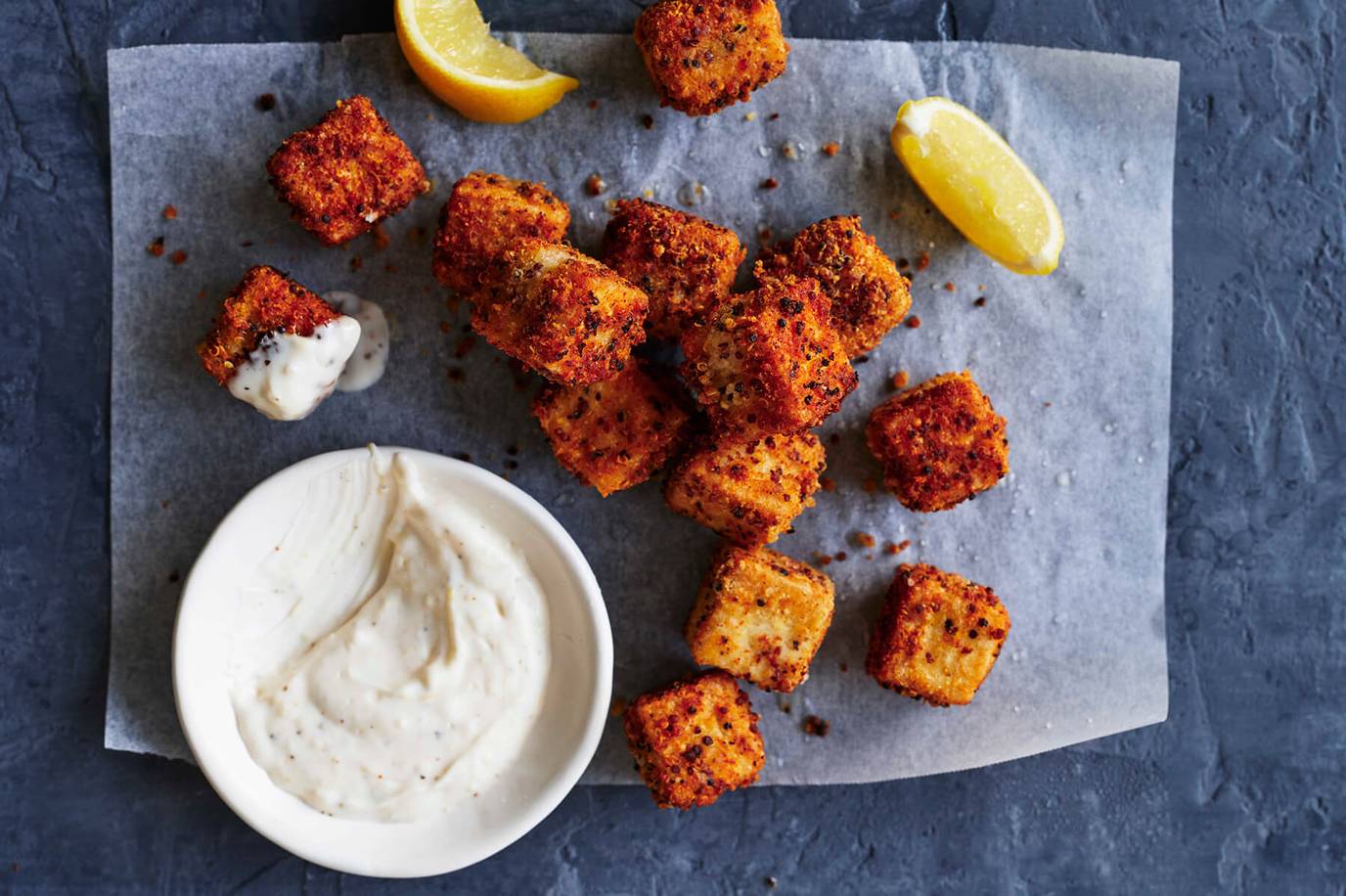 Crispy lemon and Parmesan tofu bites with aioli