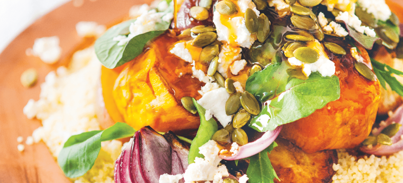 Roasted vegetables on couscous with Moroccan dressing