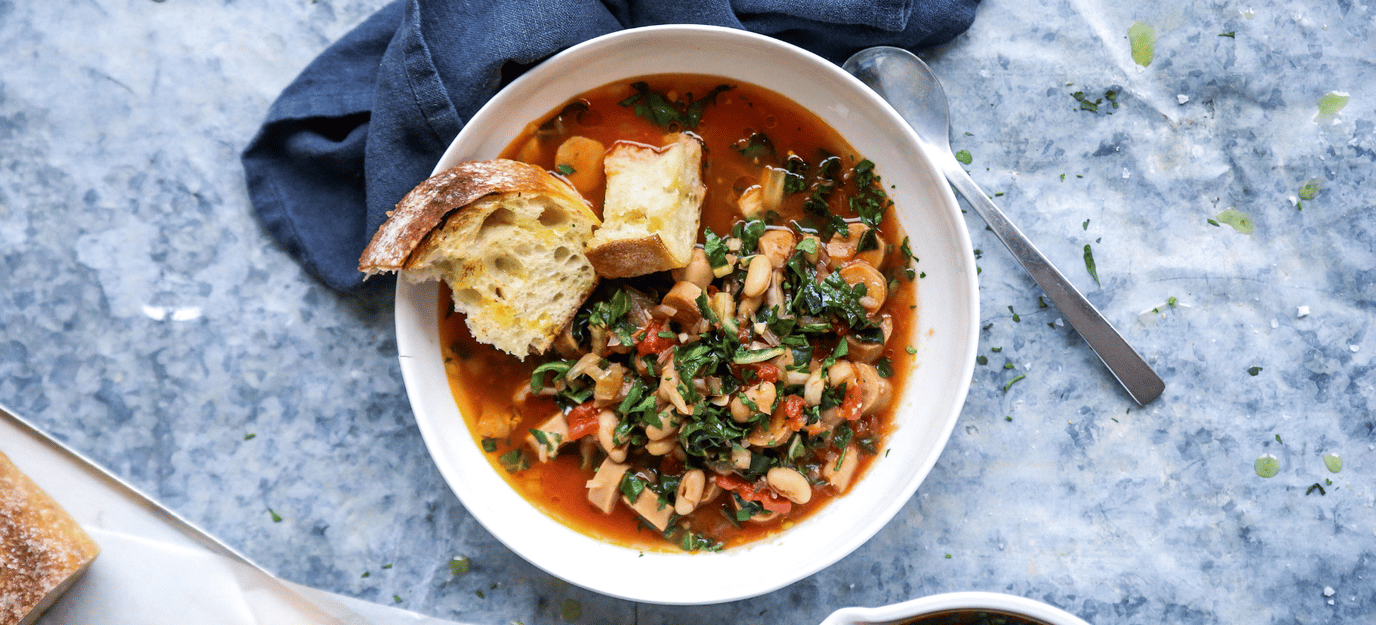 White bean, vegie sausage and spinach stew