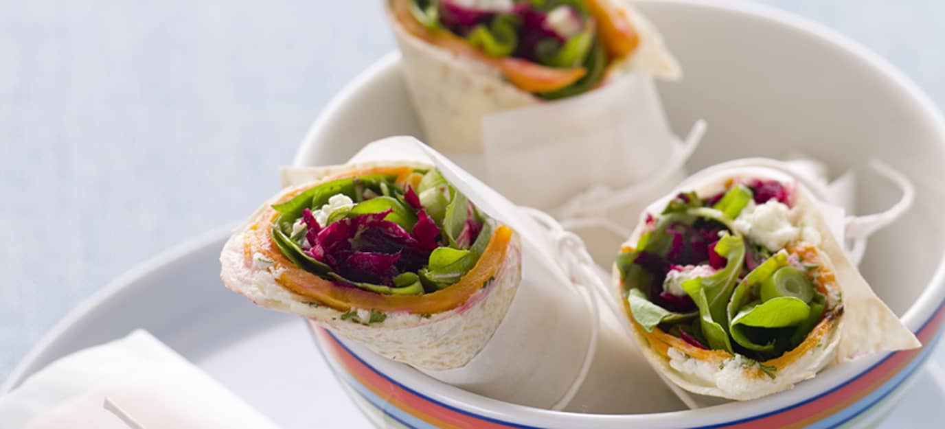 Roasted kumara and beetroot wraps