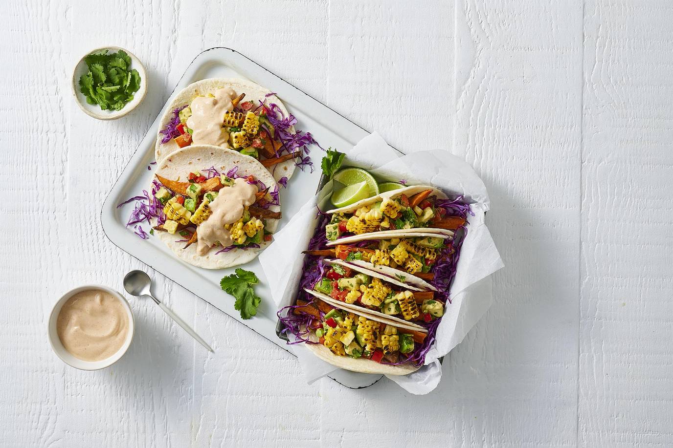 Charred corn and sweet potato tacos