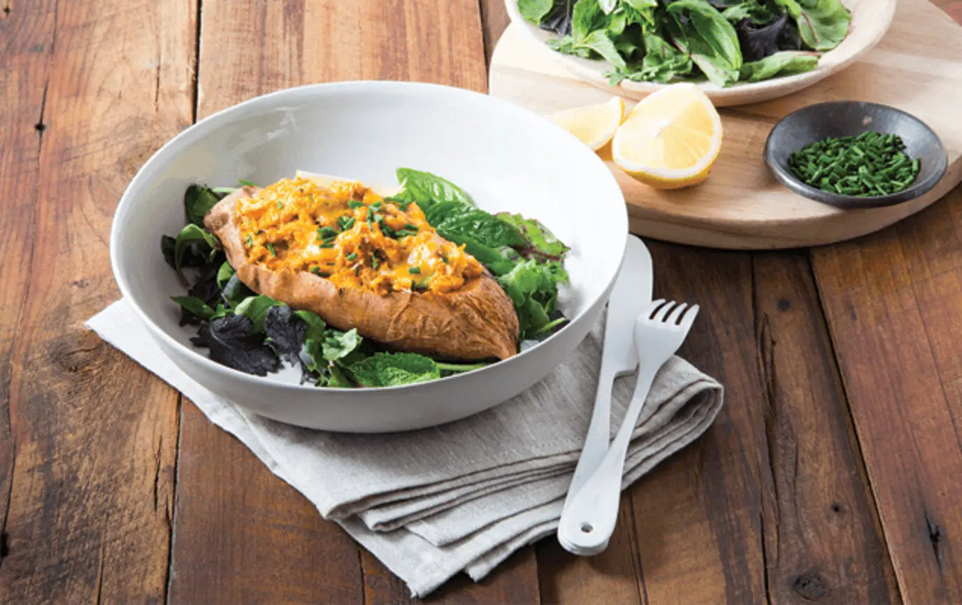 Baked sweet potato with Weet-bix™ and cottage cheese filling