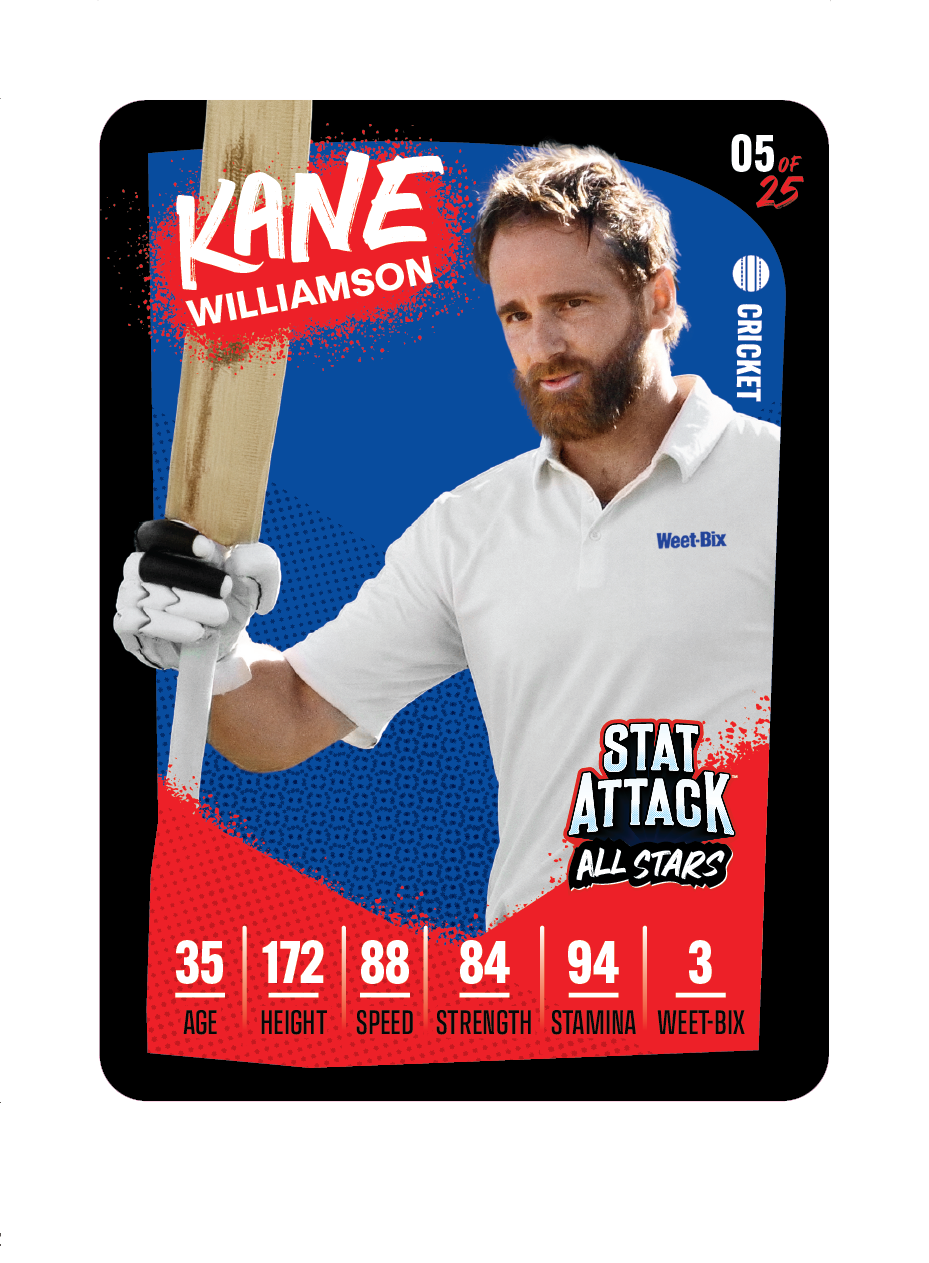 A digital trading-card style graphic for the Weet-Bix StatAttack 2026 series featuring cricketer Kane Williamson, with bold branded typography and a clean, poster-like layout.