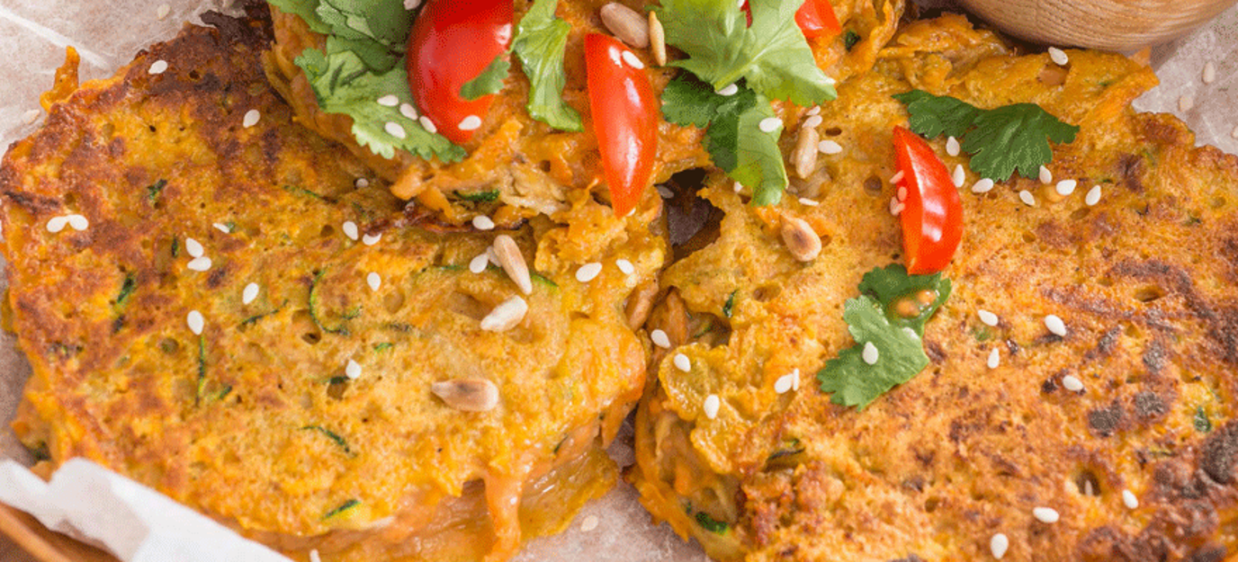 Kumara and courgette fritters Kumara and courgette fritters