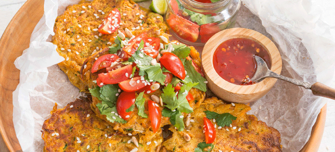 Kumara and courgette fritters Kumara and courgette fritters