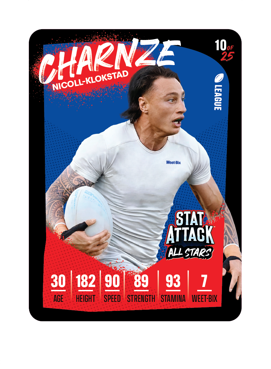PNG image of a Weet-Bix StatAttack 2026 trading card featuring the player Charnze Nicoll-Klokstad, with a player photo and sports statistics/layout on the card design.