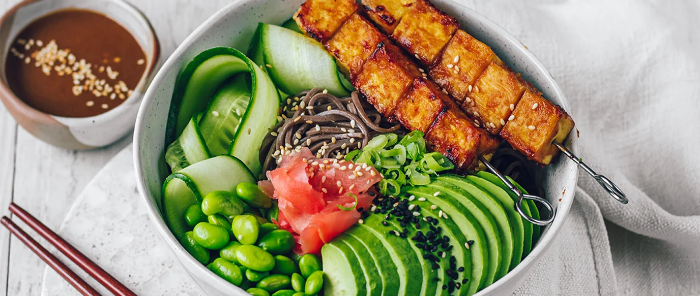 Sesame soba with miso tofu skewers Sesame soba with miso tofu skewers
