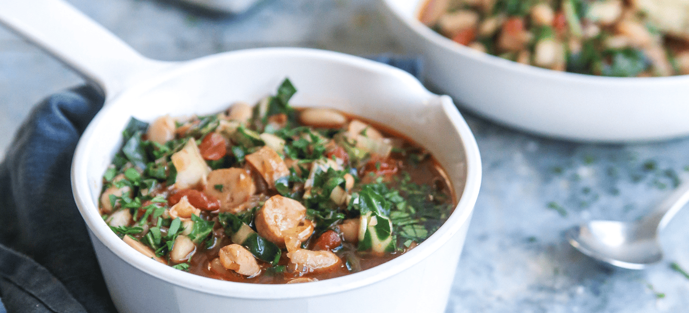 White bean, vegie sausage and spinach stew