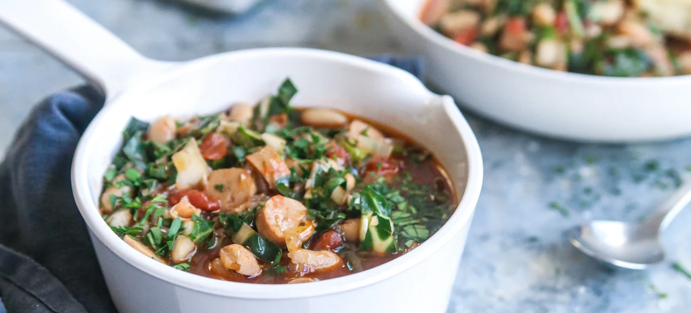 White bean, vegie sausage and spinach stew