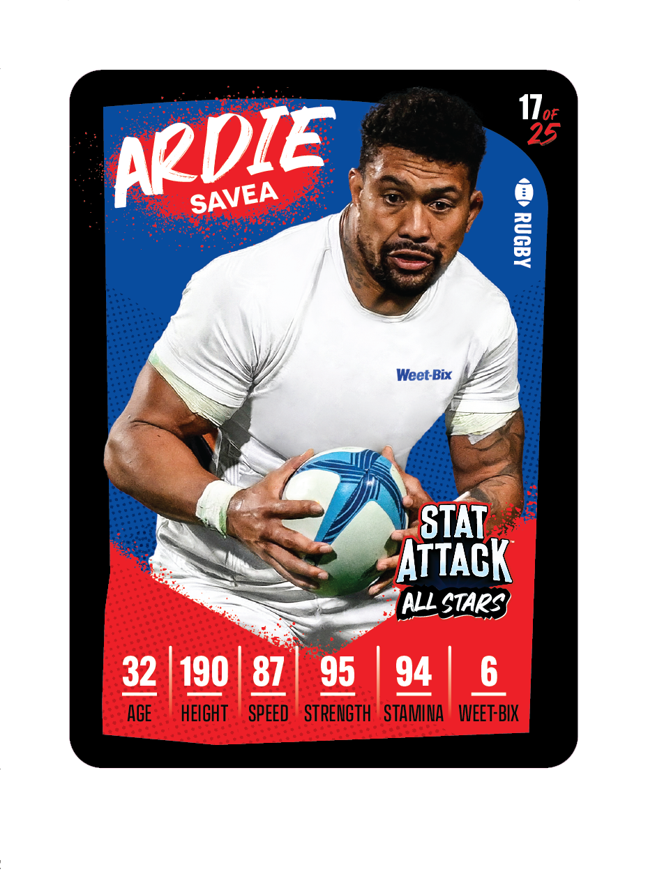 PNG image of a Weet-Bix Stat Attack 2026 rugby player trading card featuring Ardie Savea, with player photo and stat/number elements laid out in a collectible card design.