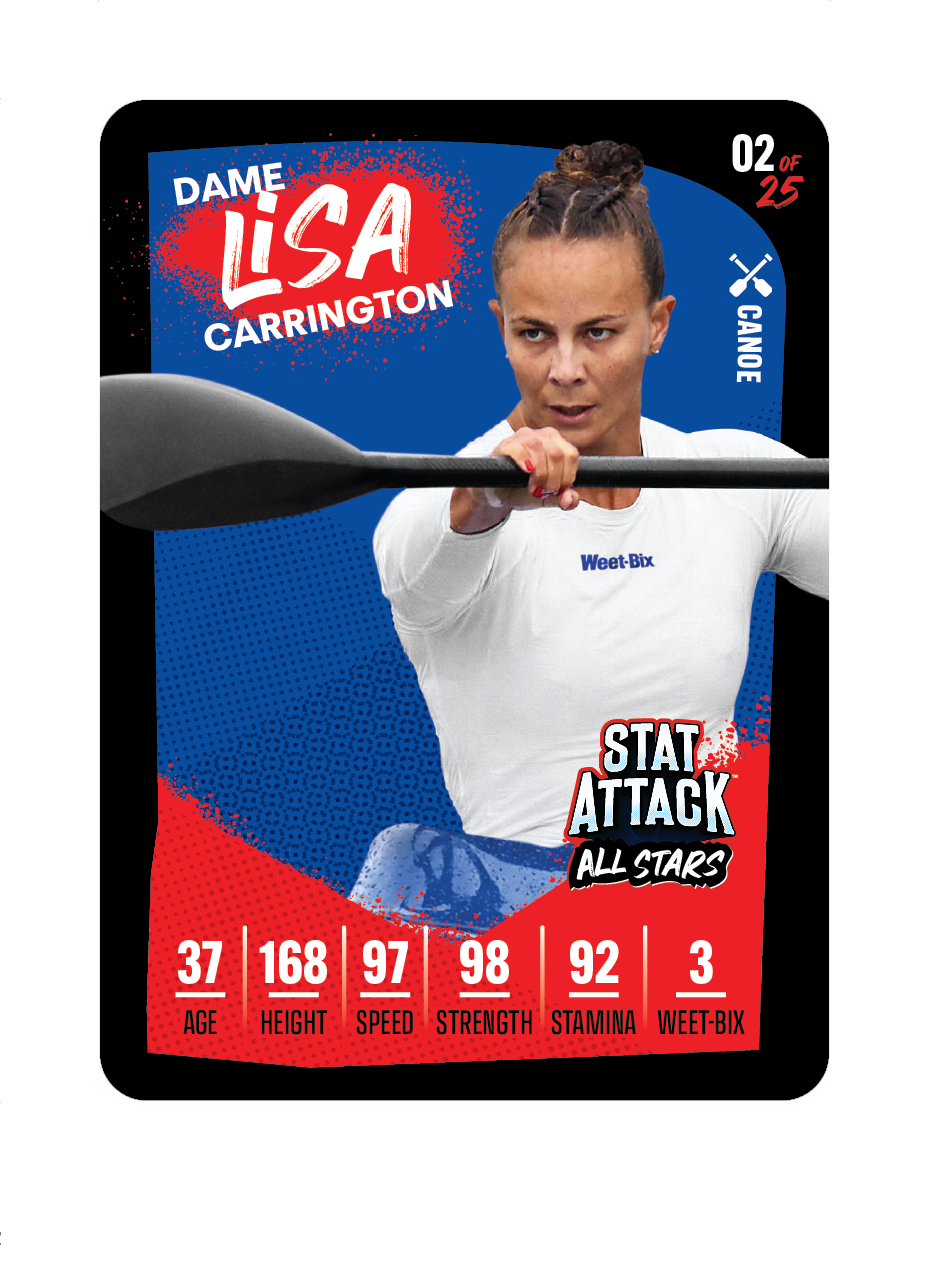 Promotional Weet-Bix StatAttack 2026 trading card graphic featuring athlete Lisa Carrington, styled like a collectible sports card with bold branding and stat-oriented design elements.