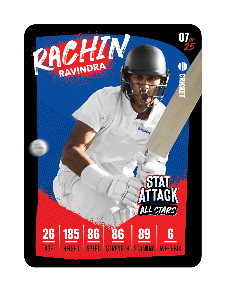 Promotional trading-card style graphic for the Weet-Bix StatAttack 2026 series, featuring New Zealand cricketer Rachin Ravindra with player stats and bold team colors. The layout resembles a collectible sports card with the player name and statistical highlights prominently displayed.