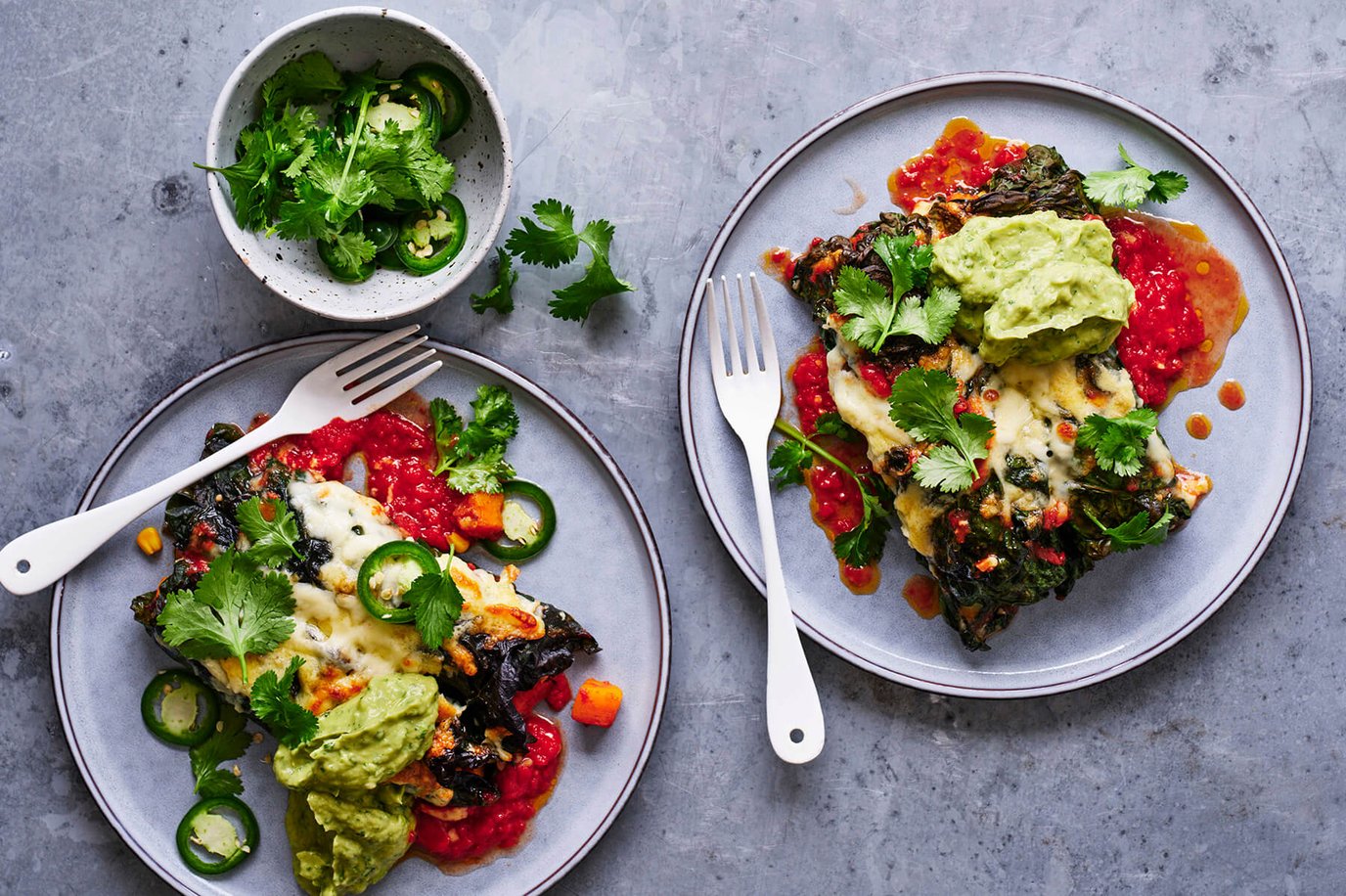 Silverbeet enchiladas with avocado lime dressing Silverbeet enchiladas with avocado lime dressing