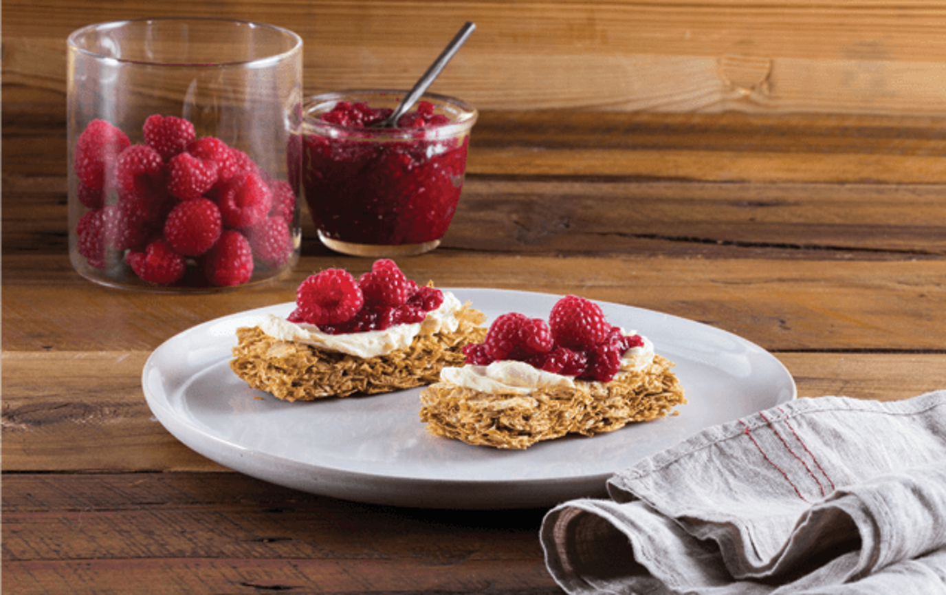 Raspberries and cream cheese on Weet-Bix™ Raspberries and cream cheese on Weet-Bix™