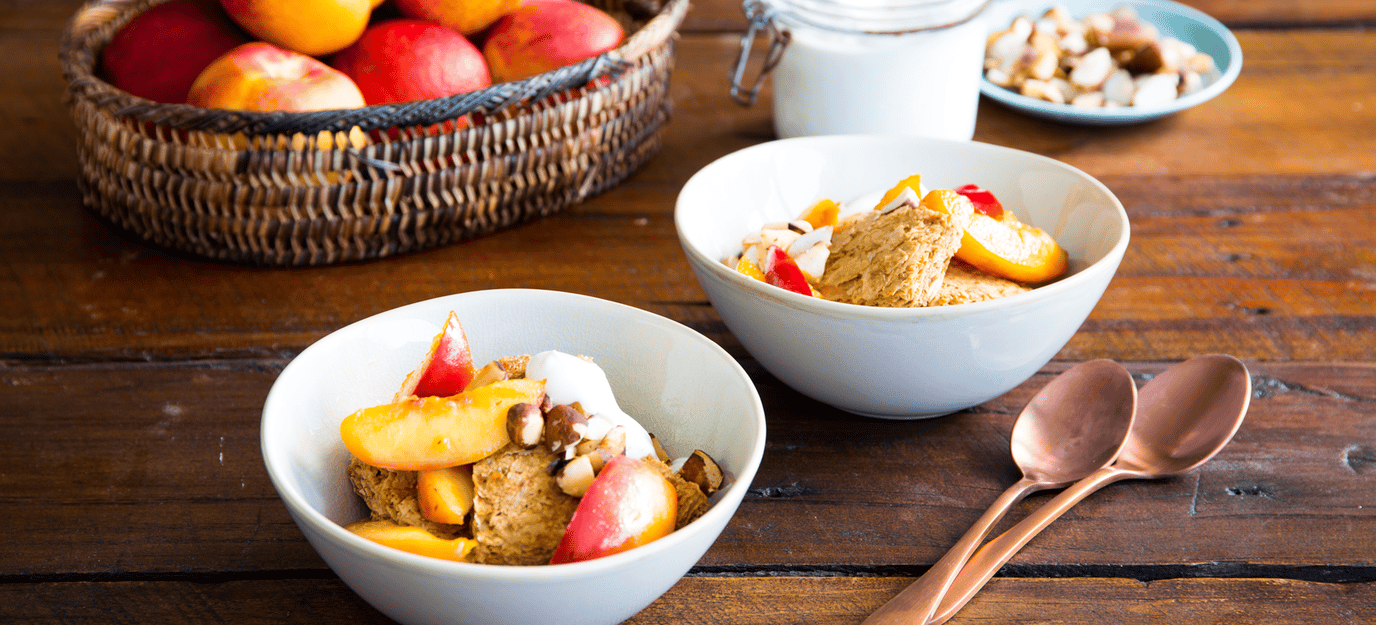 Weet-Bix with poached nectarines and toasted brazil nuts