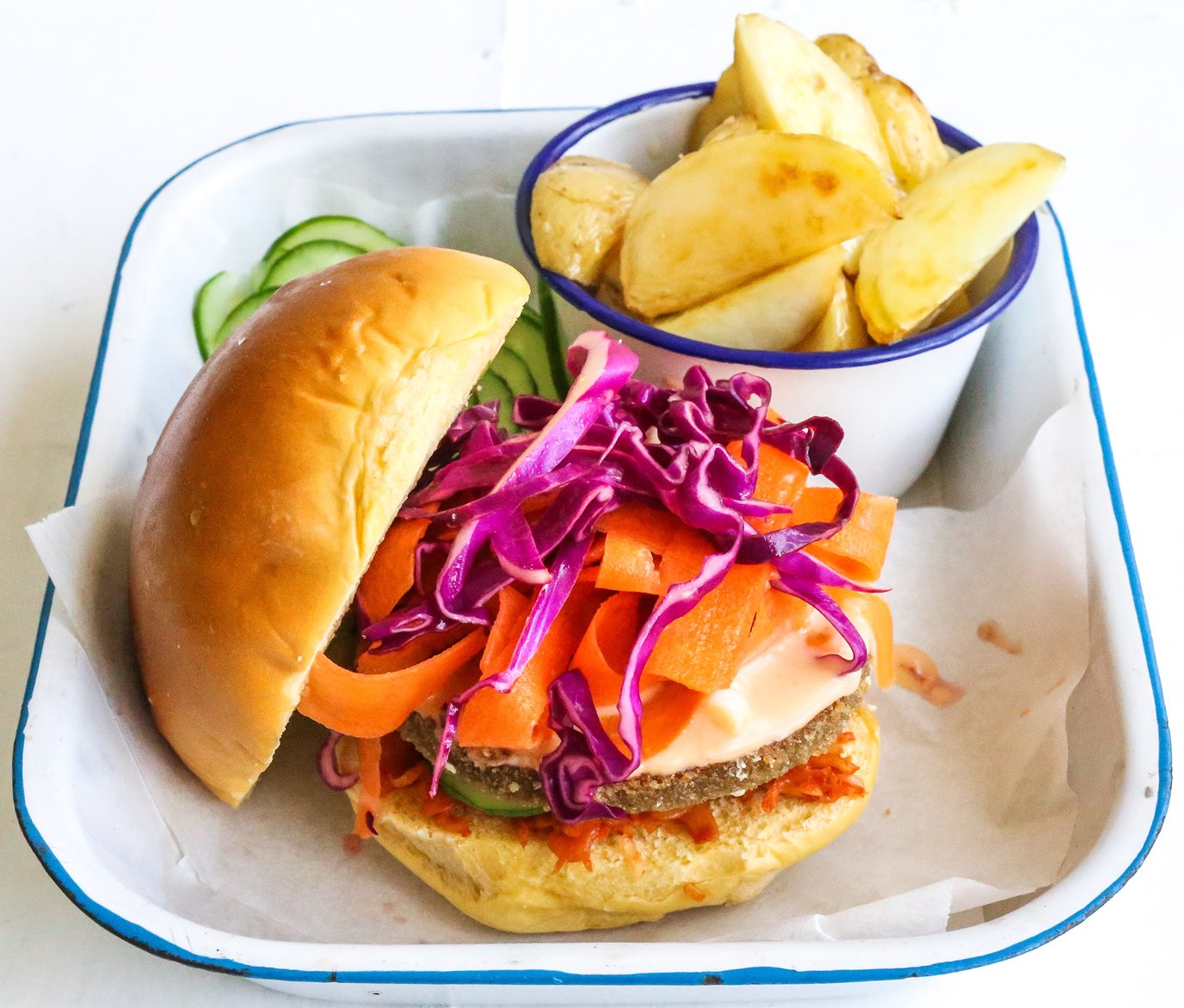 Comfort Burger with Asian Slaw, Sriracha Mayo and Kimchi