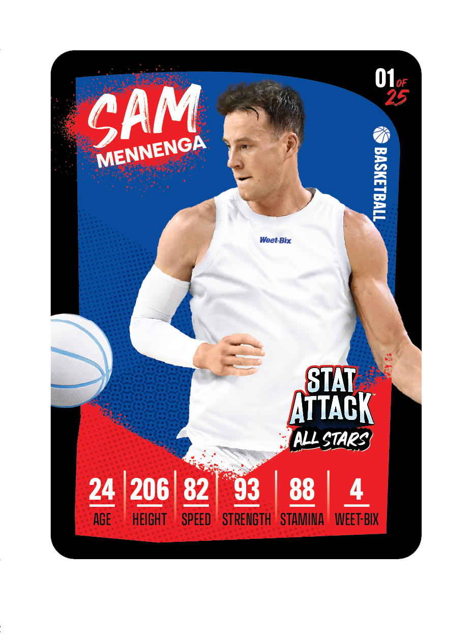 Promotional sports trading card graphic for the 2026 Weet-Bix StatAttack series featuring Sam Mennenga, with player name and team-style branding on a clean, poster-like layout.