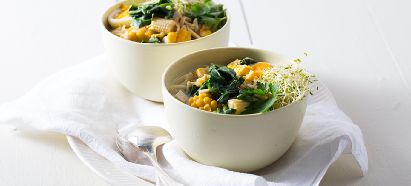 Corn, tofu, spinach and egg noodle soup Corn, tofu, spinach and egg noodle soup