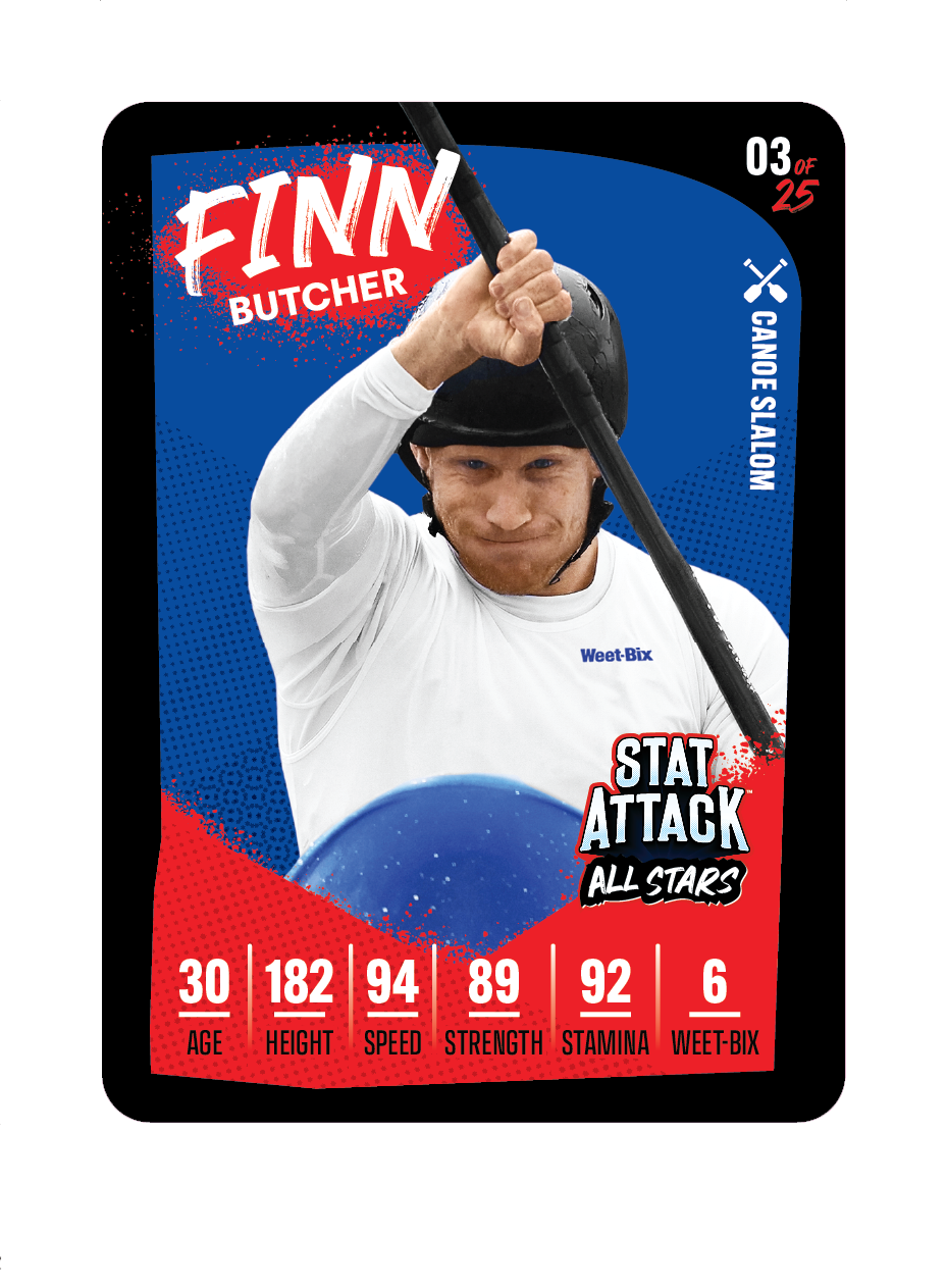 Promotional StatAttack trading card graphic for Weet-Bix featuring athlete Finn Butcher, with bold branding and player statistics in a card-style layout.