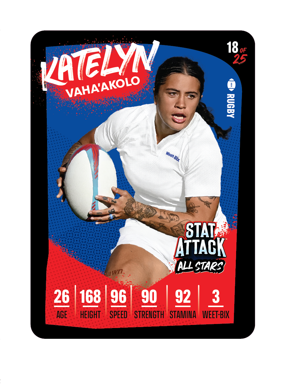 A Weet-Bix StatAttack 2026 trading card featuring Katelyn Vahaakolo with player photo and stat-style design elements.