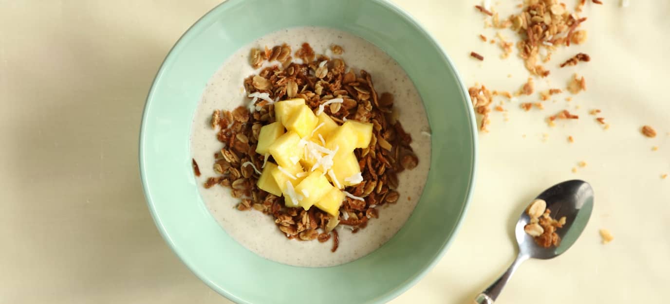 Tropical fruit with coconut crumble & cinnamon yoghurt