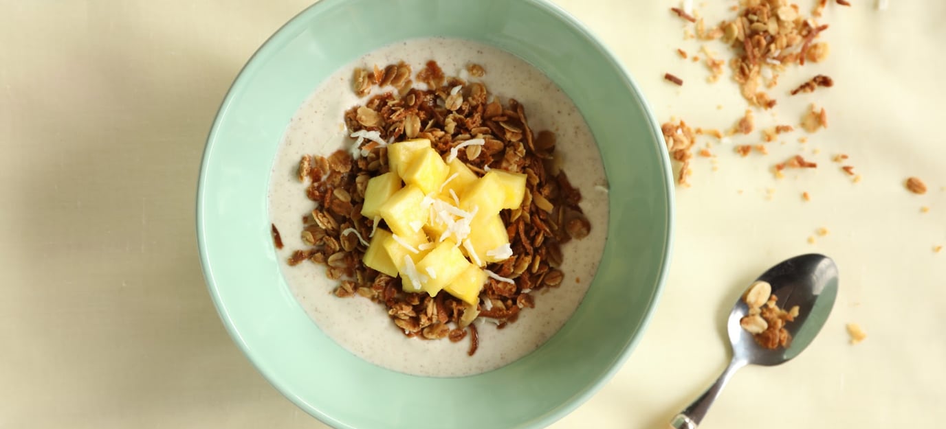 Tropical fruit with coconut crumble & cinnamon yoghurt