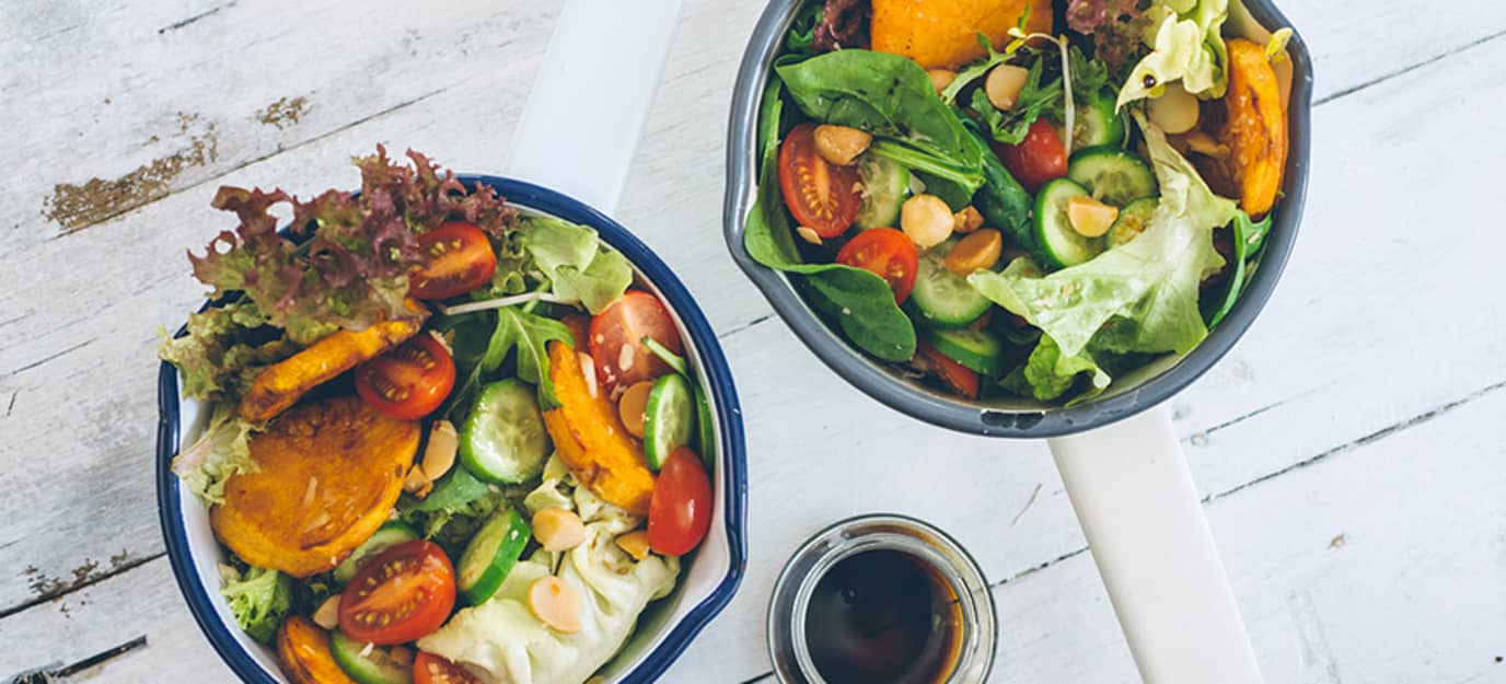 Roasted sweet potato and macadamia salad