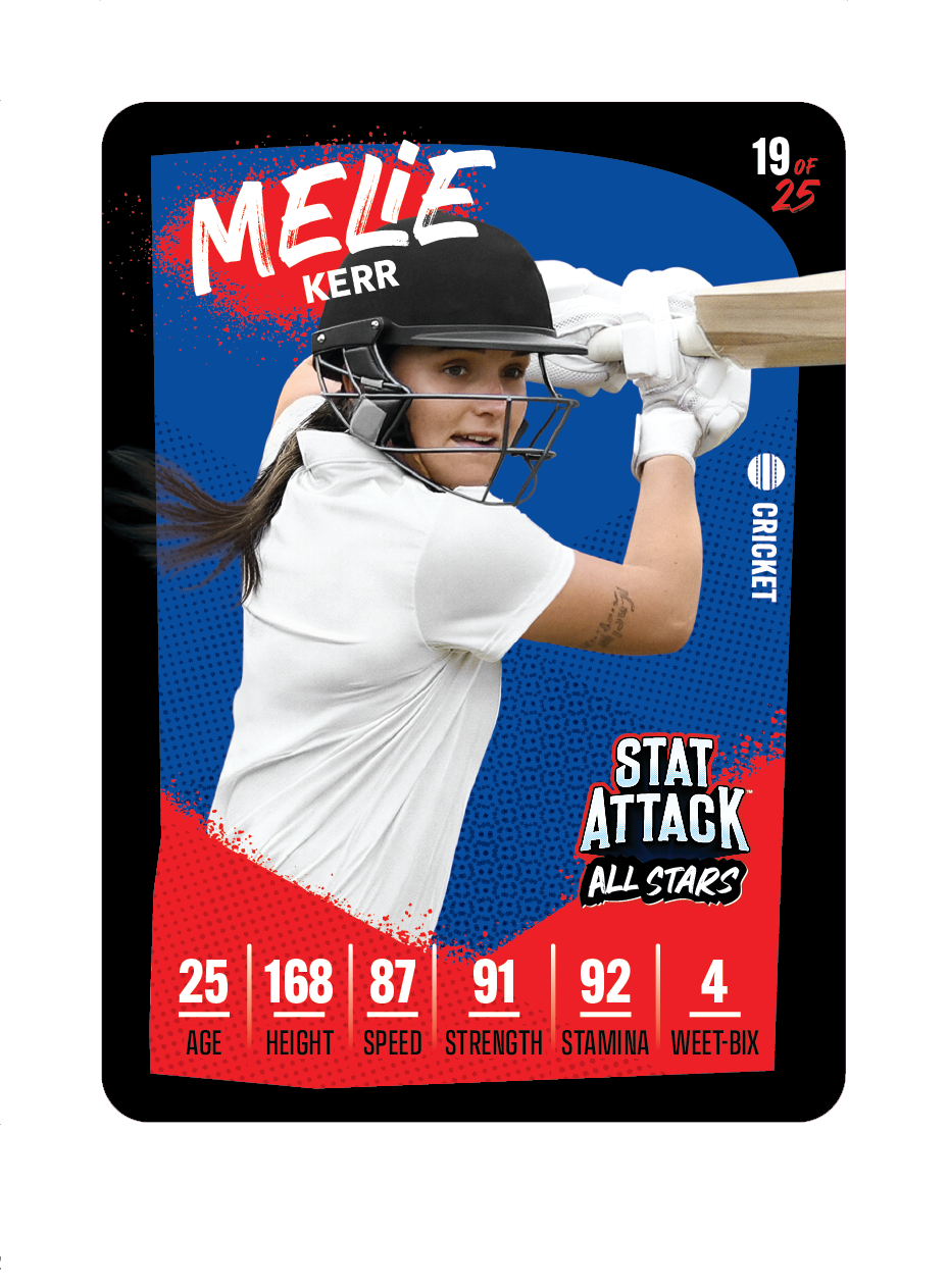 Promotional StatAttack 2026 trading card-style graphic featuring cricketer Melie Kerr. The design includes player photo, name and assorted performance/stat elements in a bold sports-card layout.