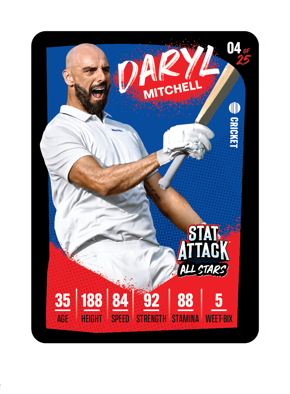 Promotional trading card image for the Weet-Bix StatAttack 2026 series featuring cricketer Daryl Mitchell, styled like a collectible card with player stats/branding elements.