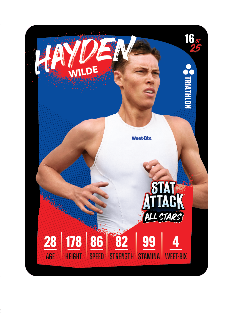 PNG of a Weet-Bix StatAttack 2026 trading card featuring athlete Hayden Wilde, with player name and card-style design elements suitable for sports collectibles.