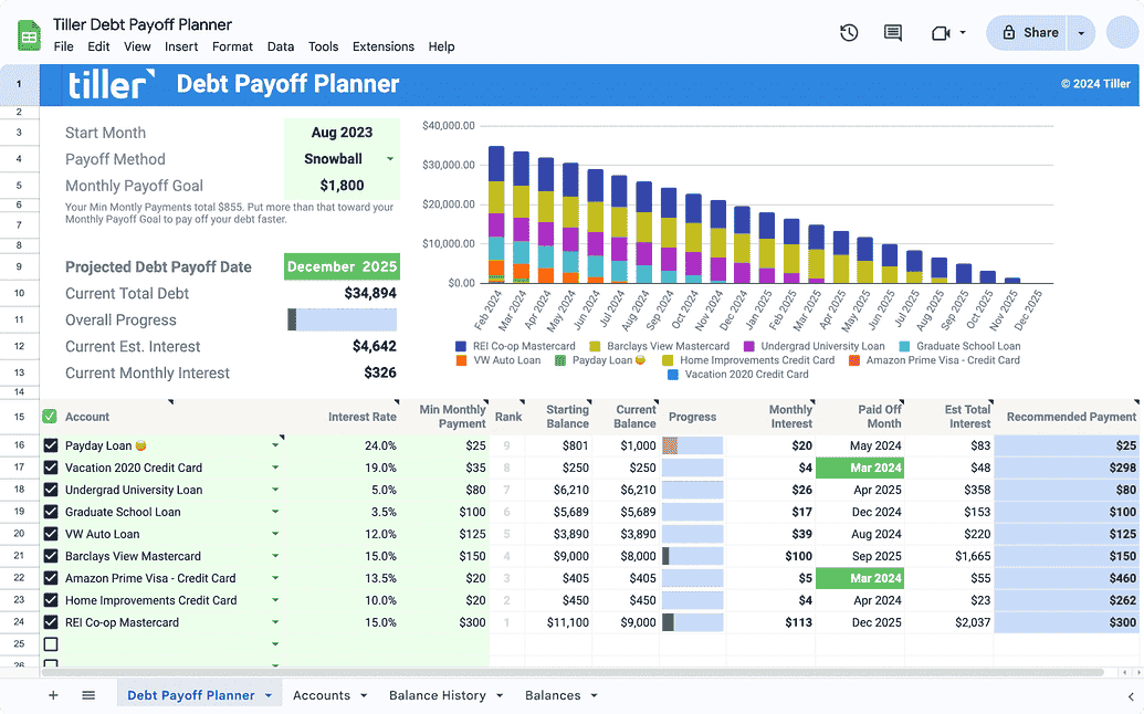 Tiller Money’s Debt Planner Spreadsheet