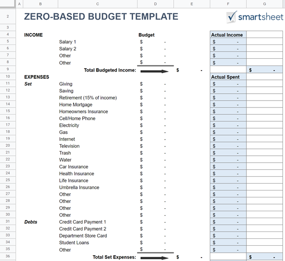 Zero-Based Budget Template from SmartSheet