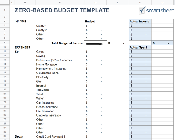 Zero-Based Budget Template from SmartSheet