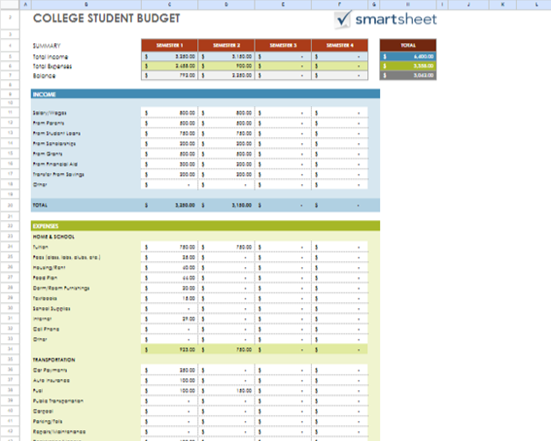 SmartSheet College Student Monthly Budget