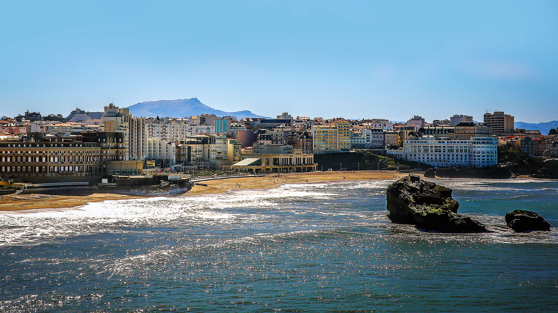 Oceanside view of the beautiful Biarritz beach.