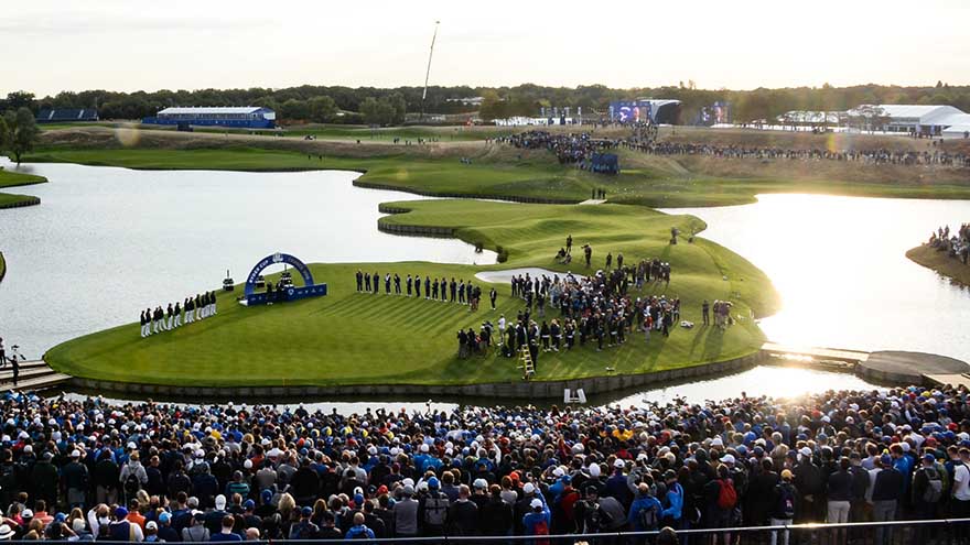 Wide angle shot of the trophy presentation to the victorious European team at the 2018 Ryder Cup