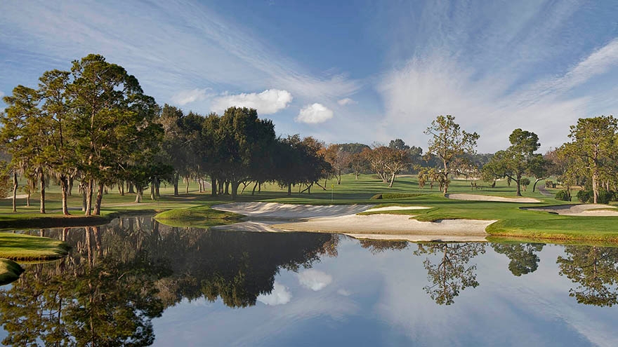 Stunning lake with bunkers adding to the challenge of this Bay Hill hole.