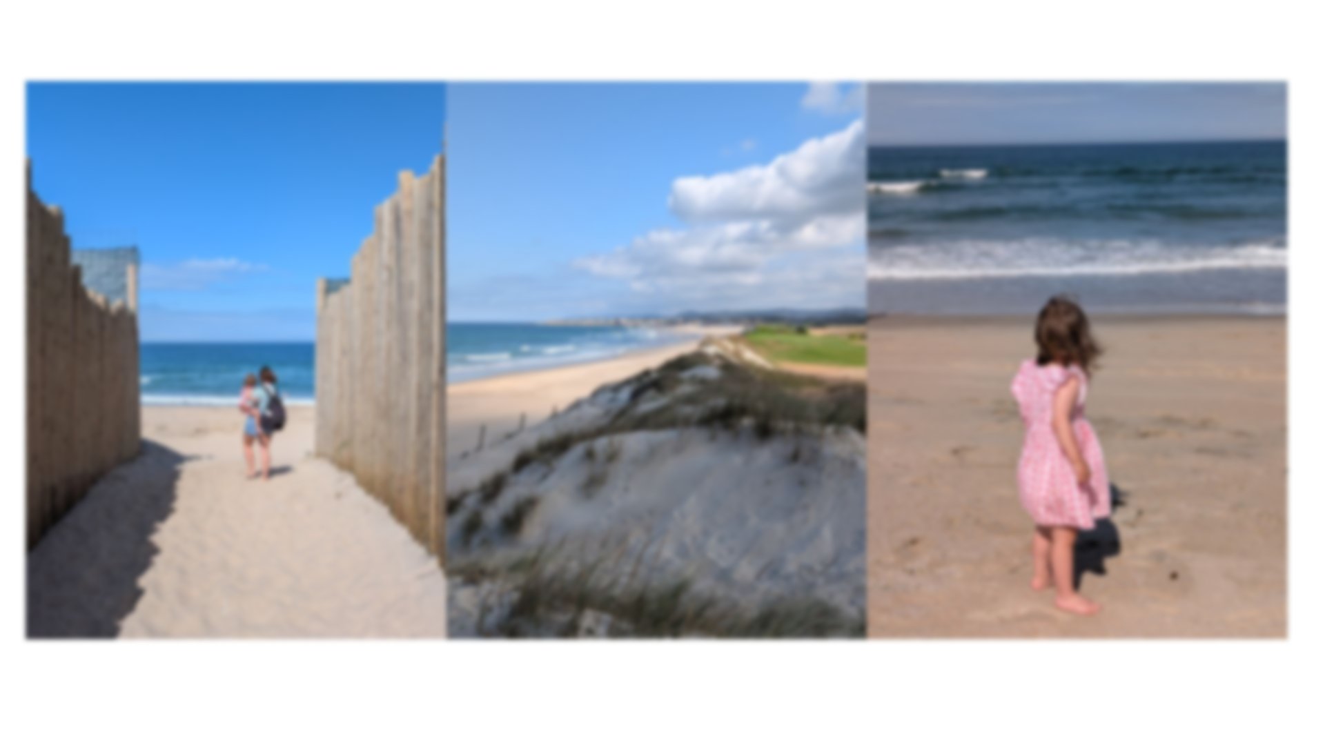 Three images of a beach near Tivoli Estela, in one a woman holds a child on the sand, the other depicts a dune, the other a child stood on the sand