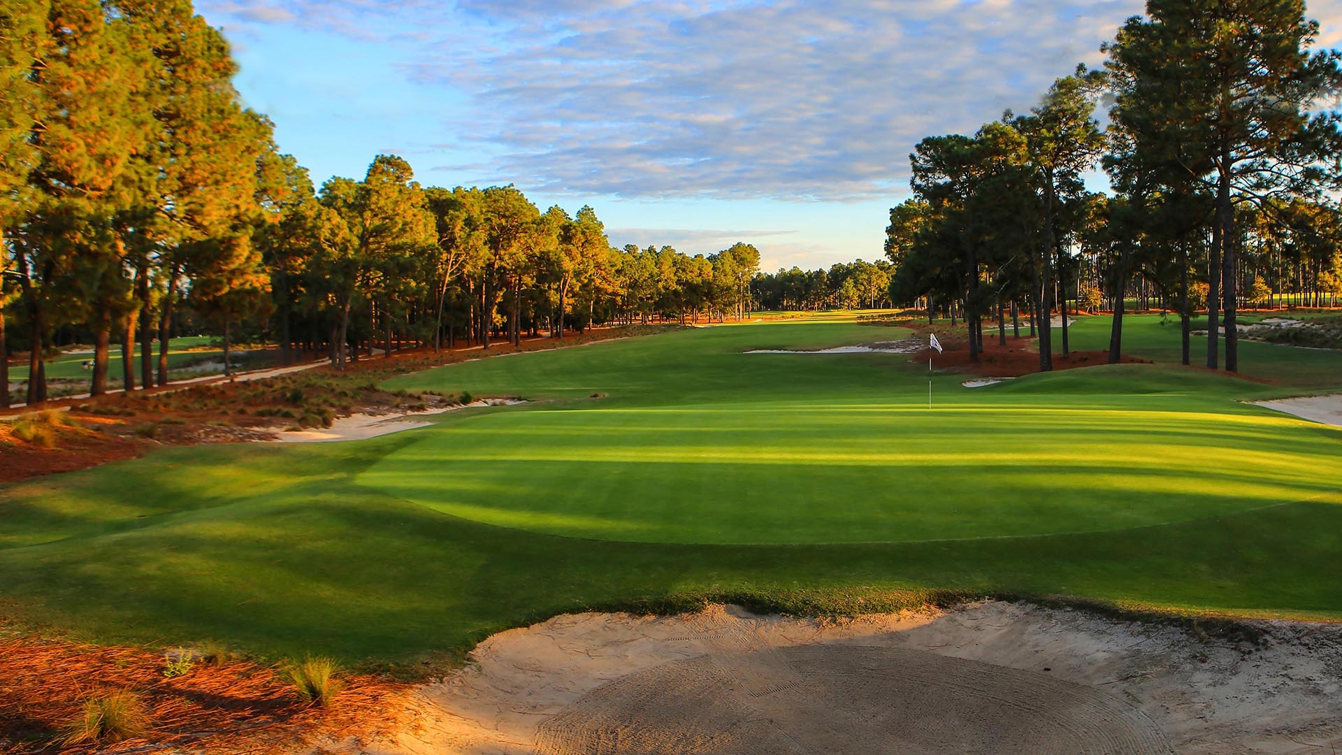 The green and flag at Pinehurst in North Carolina. The fairways are lined by trees as you approach the green.