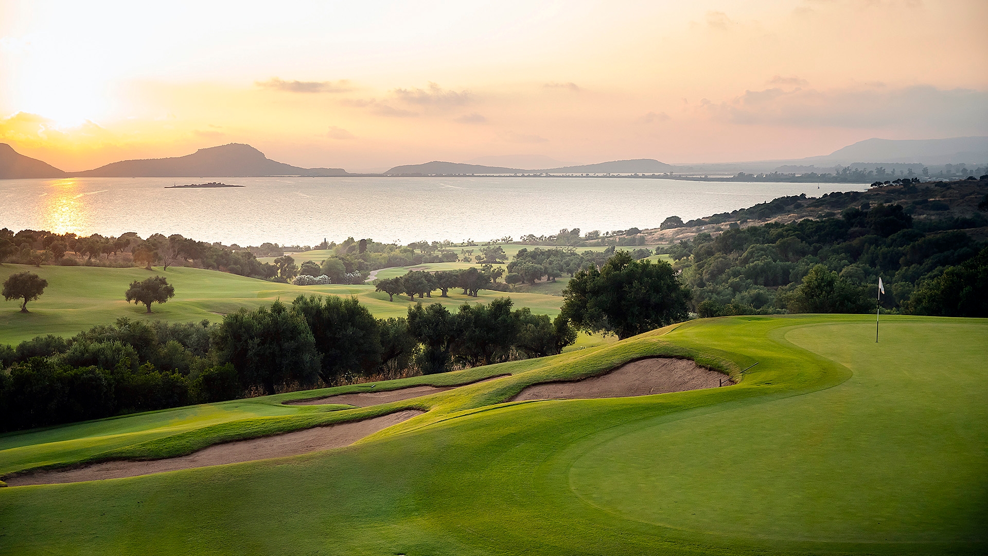 Sunsetting over the green at the scenic Costa Navarino.